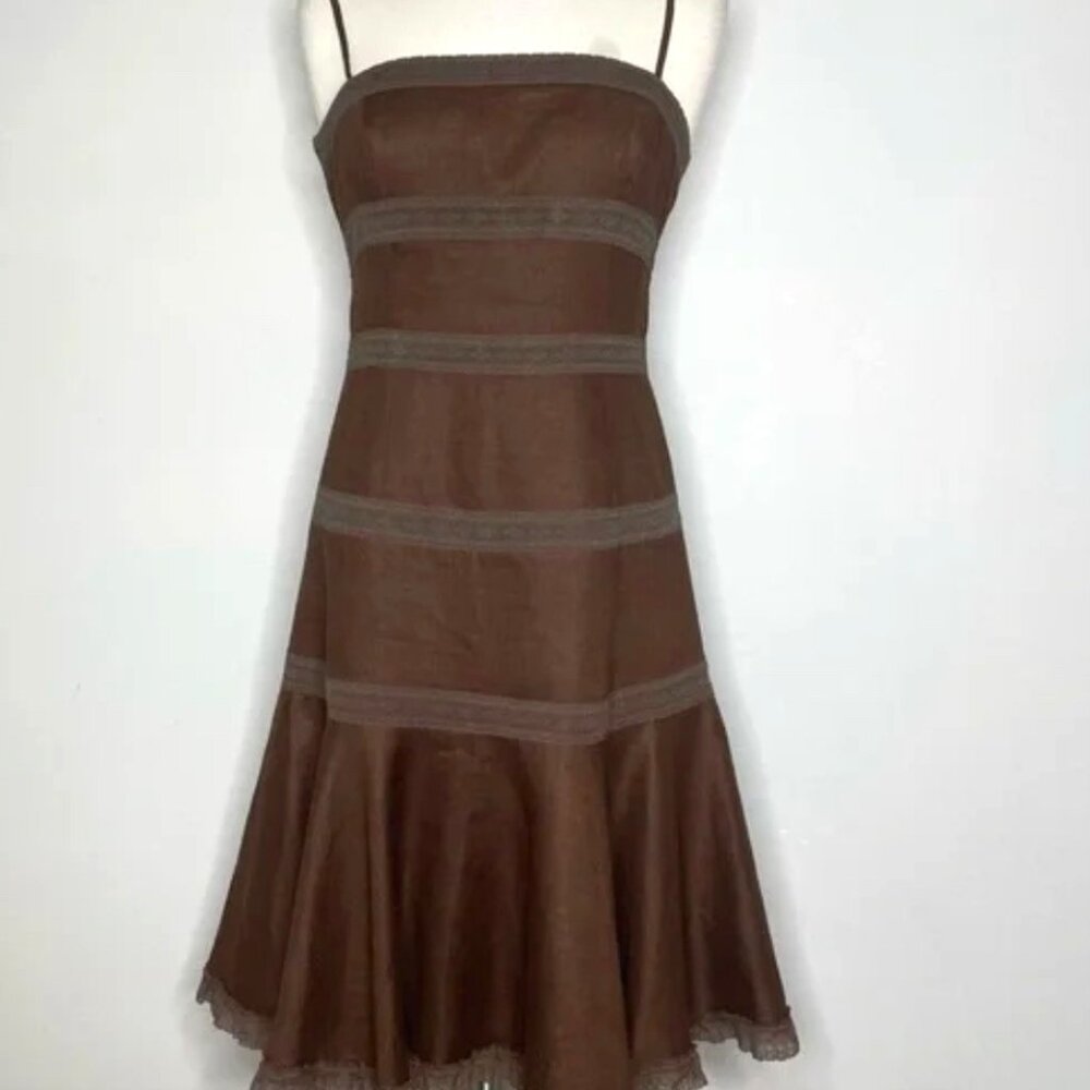 Maggy London Y2K Brown 100% Linen Tiered Lace Trim Midi Dress w/Spaghetti Straps